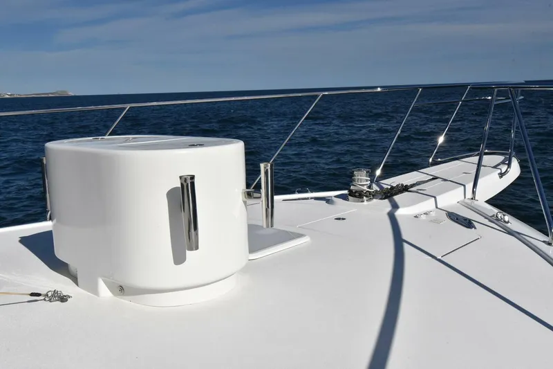 Slide: The Image of 2019 Viking 80 Sky Bridge yacht deck with ocean view and sleek design. - 82