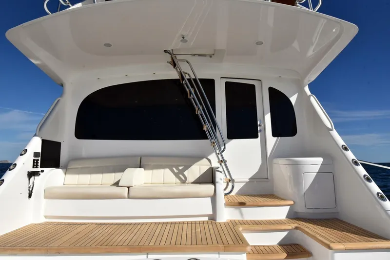 Slide: The Image of 2019 Viking 80 Sky Bridge yacht with sleek seating and elegant design. - 93