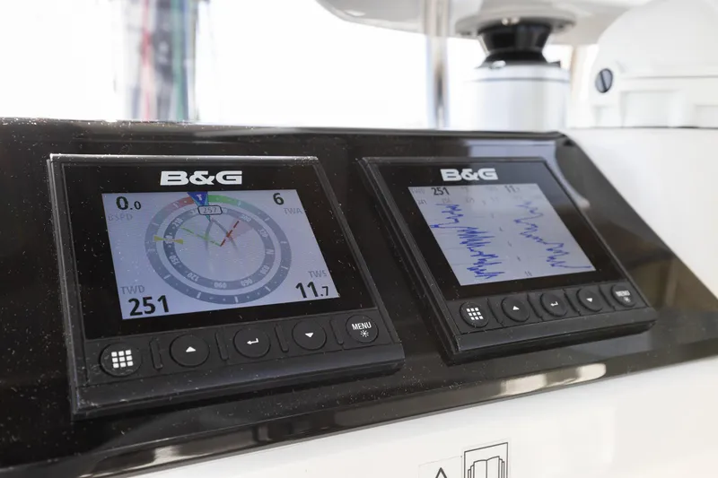 Slide: The Image of B&G navigation displays on 2022 Lagoon 52 F yacht, showing wind and speed data. - 18