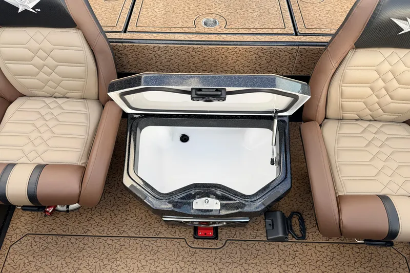 Slide: The Image of 2026 Vexus VXs21 boat interior with open storage compartment between two beige seats. - 20