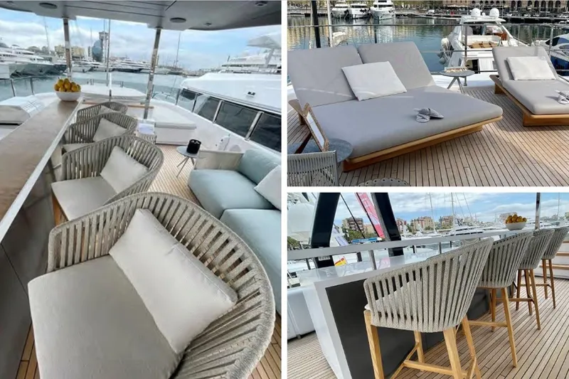 Slide: The Image of Aerial view of 2023 Custom Line Navetta 33 yacht cruising in clear blue waters. - 19