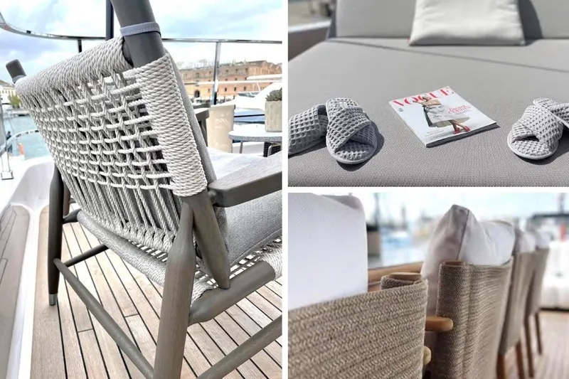 Slide: The Image of Aerial view of 2023 Custom Line Navetta 33 yacht on open water. - 21