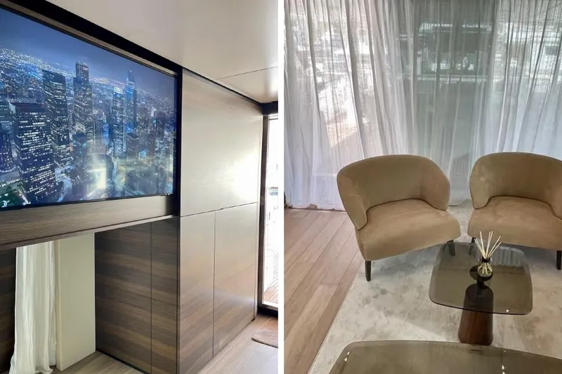 Slide: The Image of Luxurious 2023 Custom Line Navetta 33 yacht anchored in turquoise waters. - 6