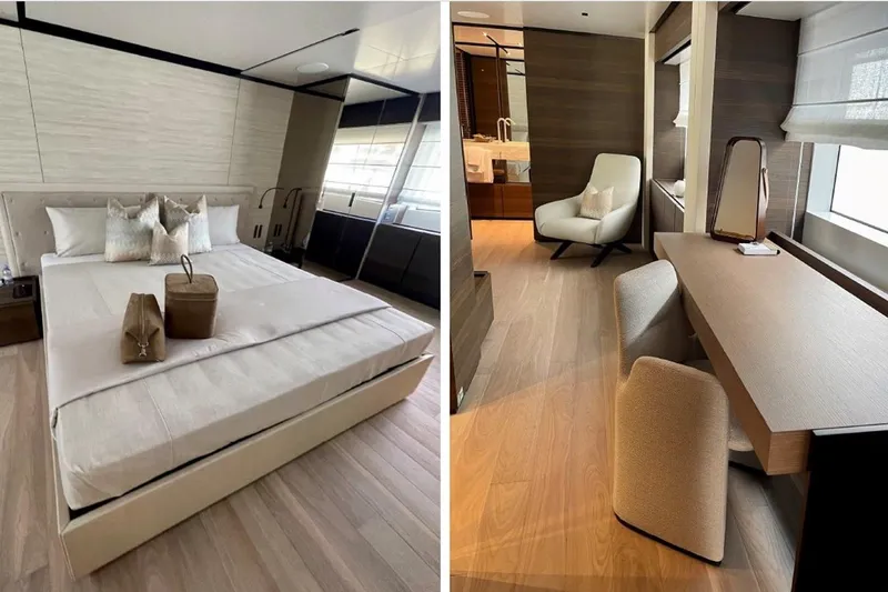 Slide: The Image of Luxurious 2023 Custom Line Navetta 33 yacht cruising on open sea with city skyline backdrop. - 9