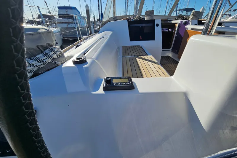 Slide: The Image of 2018 Dufour 460 Grand Large yacht cockpit with sleek design and modern controls. - 28
