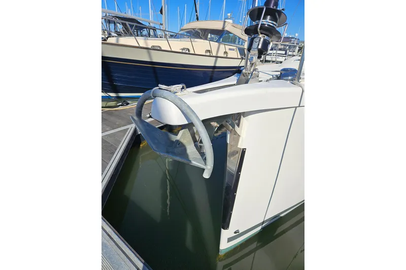 Slide: The Image of Dufour 460 Grand Large 2018 yacht anchor detail at marina dock. - 30