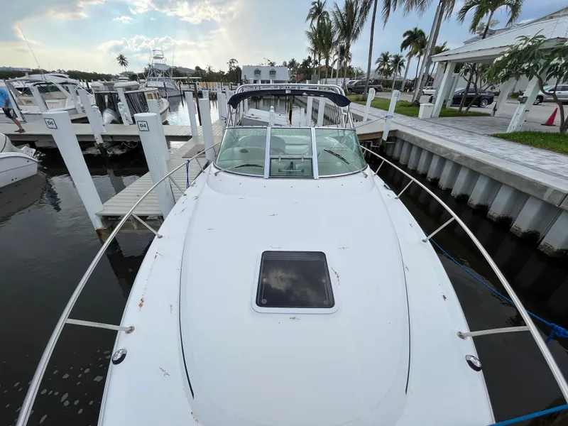 Slide: The Image of 2005 Sea Ray 290 Amberjack docked at a marina with palm trees. - 4