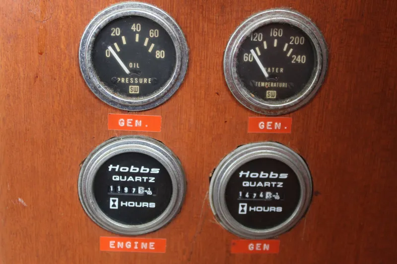 Slide: The Image of 1969 Pacemaker Tricabin dashboard with oil pressure, water temperature, and Hobbs quartz hour meters. - 25