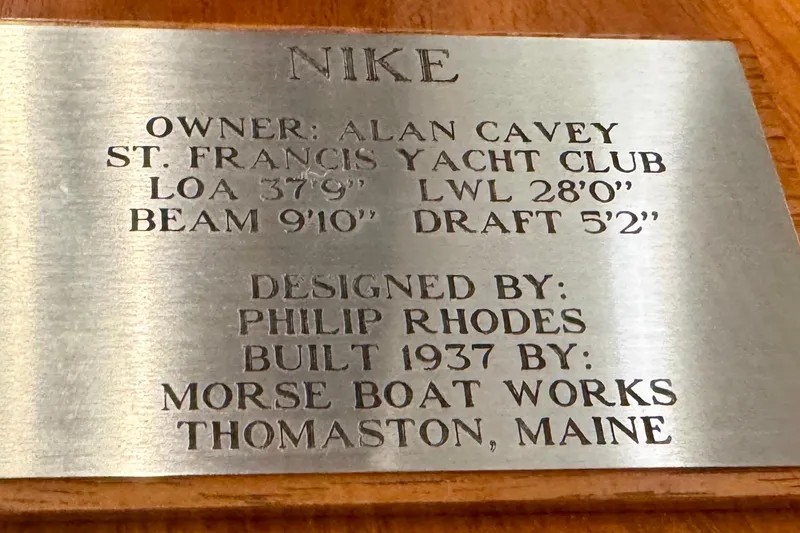 Slide: The Image of Plaque detailing 1938 Philip Rhodes Cutter, built by Morse Boat Works, Thomaston, Maine. - 2