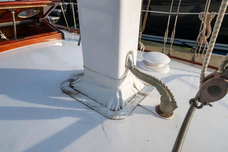 Slide: The Image of Close-up of 1938 Philip Rhodes Cutter sailboat deck with mast and rigging details. - 28