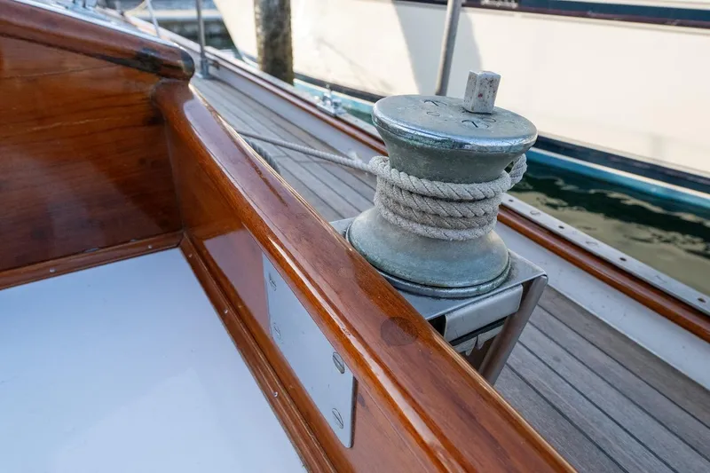 Slide: The Image of Vintage 1938 Philip Rhodes Cutter with wooden deck and winch detail. - 32