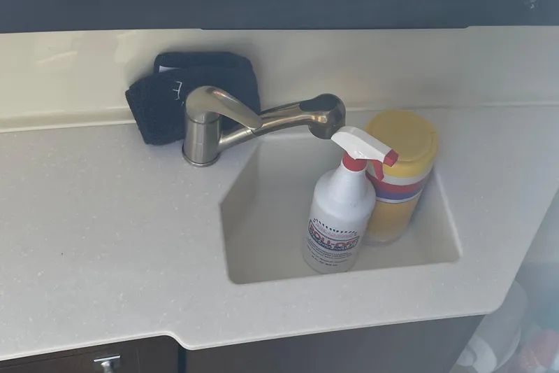 Slide: The Image of Sink area in 2018 Monterey 328 Super Sport with cleaning supplies and faucet. - 19