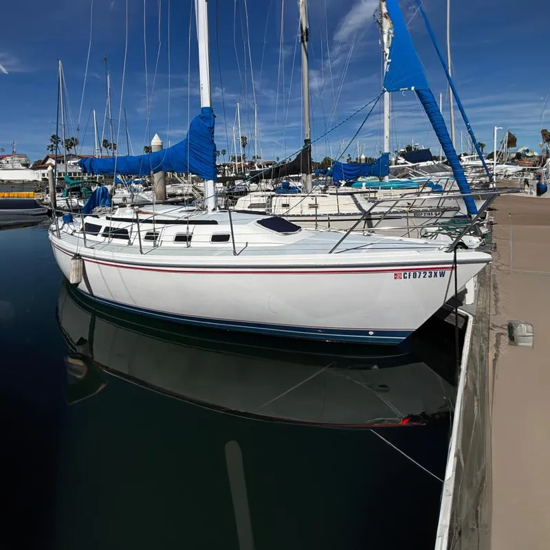 The Image of 1988 Catalina 34 sailboat docked in marina, featuring blue sail covers and clear skies. - 0