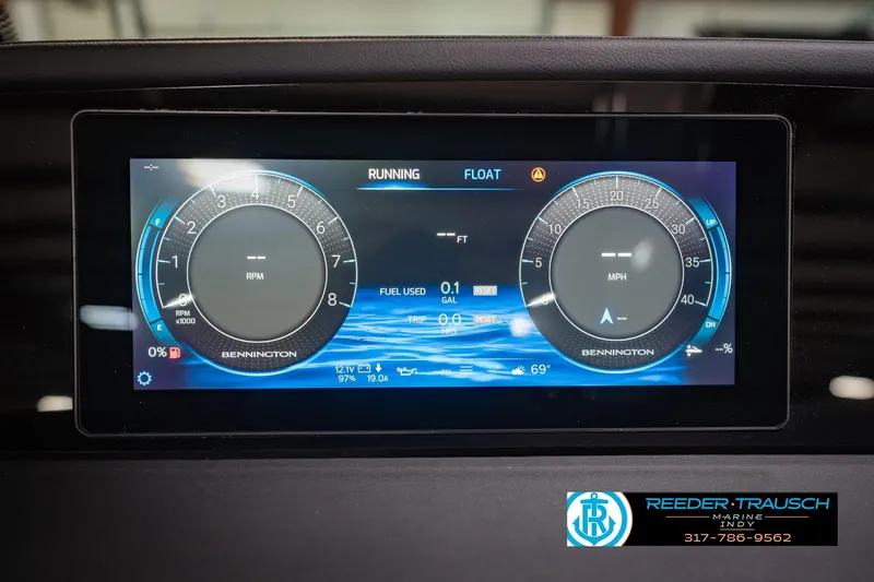 Slide: The Image of Digital dashboard of 2026 Bennington QX 25 QXFBA boat displaying RPM and speed. - 32