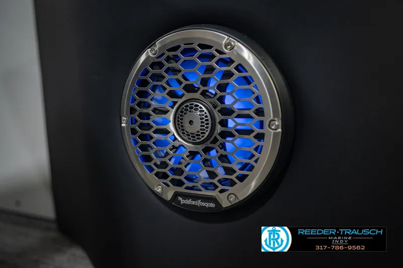 Slide: The Image of Rockford Fosgate speaker with blue LED lighting on 2026 Bennington QX 25 QXFBA boat. - 40
