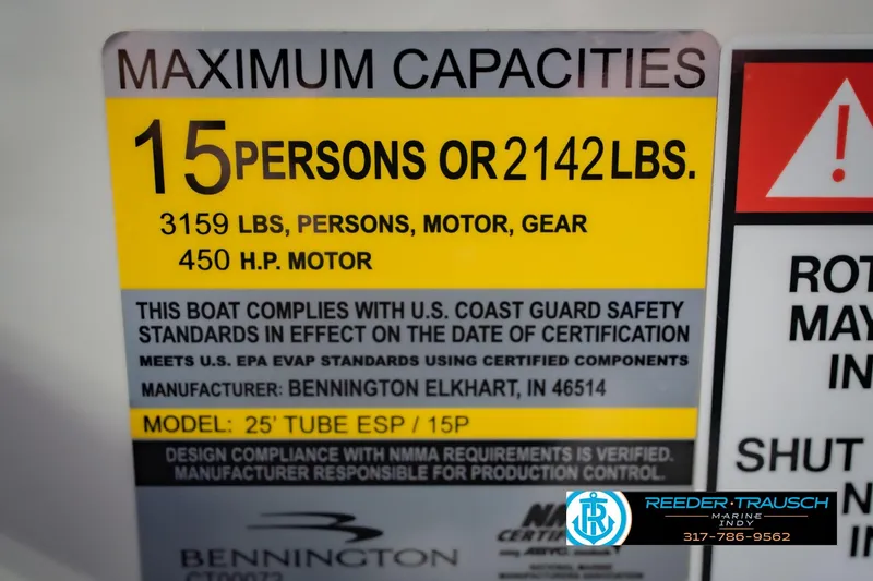 Slide: The Image of Bennington QX 25 QXFBA 2026 boat capacity label, 15 persons or 2142 lbs, 450 HP motor. - 52