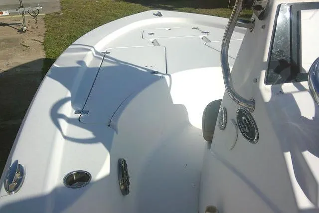 Slide: The Image of 2017 Sportsman Masters 207 Bay Boat deck view, showcasing sleek design and spacious layout. - 14