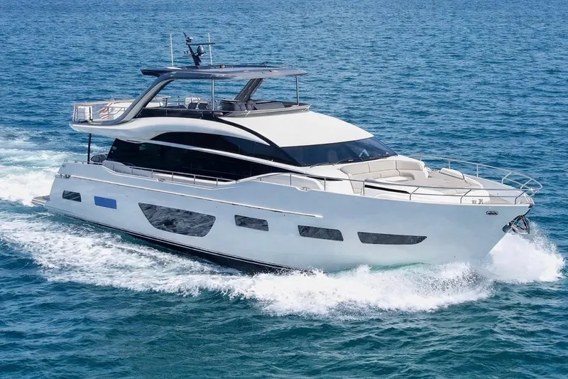 The Image of Luxurious 2021 Princess Y85 yacht cruising on open blue sea. - 0