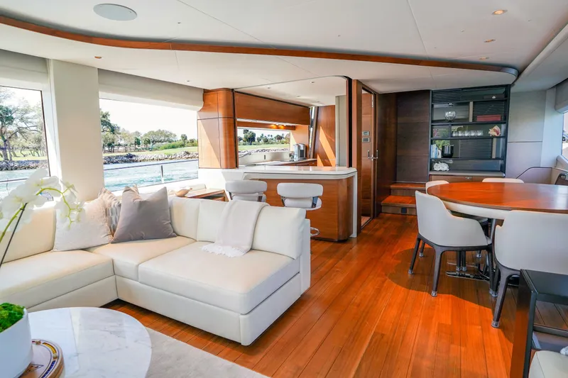 Slide: The Image of Luxurious interior of 2021 Princess Y85 yacht with elegant seating and dining area. - 13