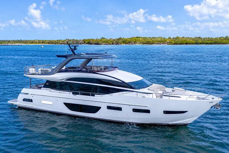 The Image of Luxurious 2021 Princess Y85 yacht cruising on blue ocean waters under a clear sky. - 0