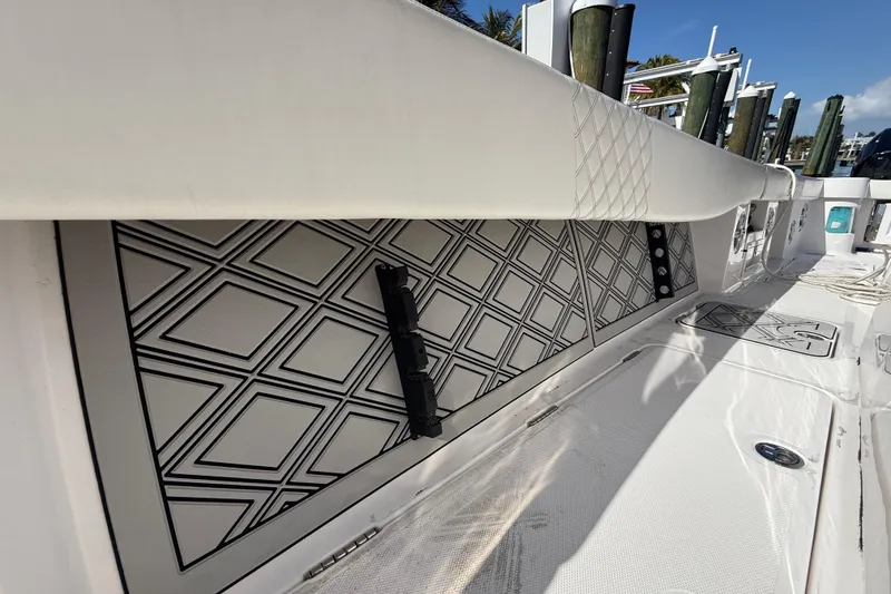 Slide: The Image of 2020 Streamline 45 boat interior with geometric panel design and white upholstery. - 106