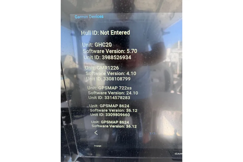 Slide: The Image of Garmin device screen displaying software versions and unit IDs on Streamline 45, 2020 model. - 145
