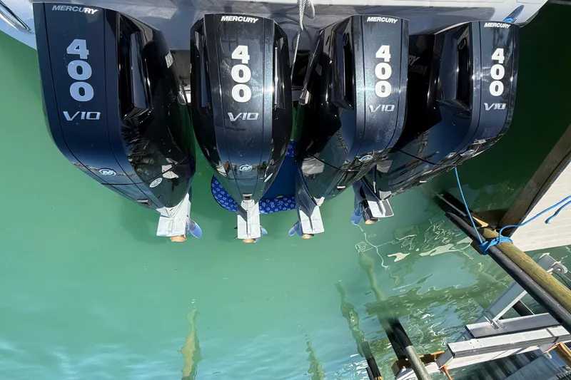 Slide: The Image of Four Mercury 400 V10 outboard engines on a 2020 Streamline 45 boat. - 43