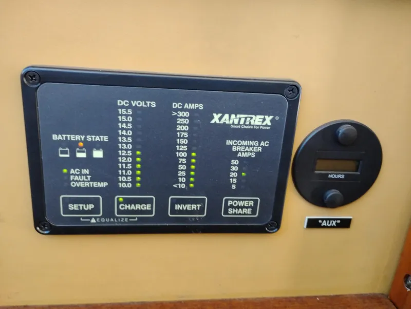 Slide: The Image of Control panel of a 1978 Bertram 33 Convertible boat, featuring Xantrex power management system. - 34