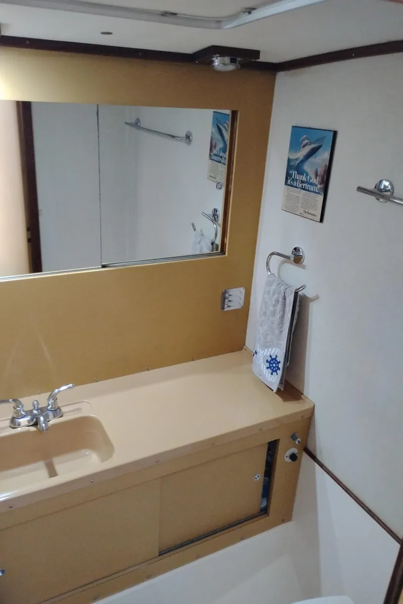 Slide: The Image of 1978 Bertram 33 Convertible bathroom with sink, mirror, and towel rack. - 48
