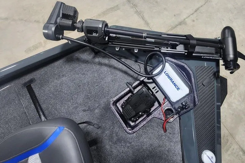 Slide: The Image of 2026 Ranger RT198P boat deck with Lowrance electronics and trolling motor. - 6