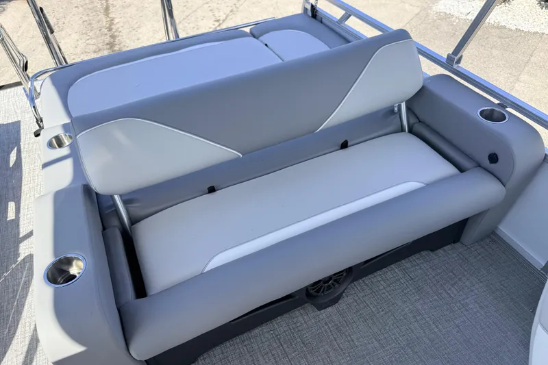Slide: The Image of 2026 Avalon 2385 Venture 85 VRB boat seating, gray upholstery, cup holders, and high-performance design. - 23