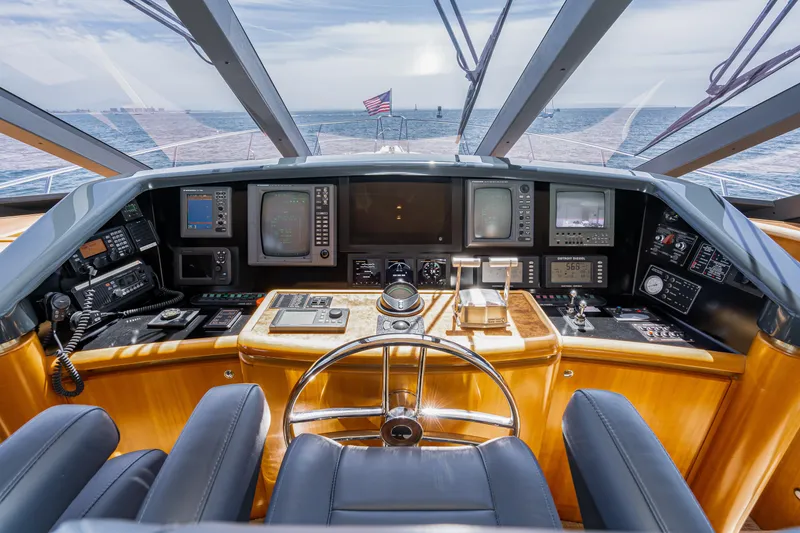 Slide: The Image of Luxurious 2001 West Bay Sonship yacht cockpit with advanced navigation equipment and ocean view. - 7