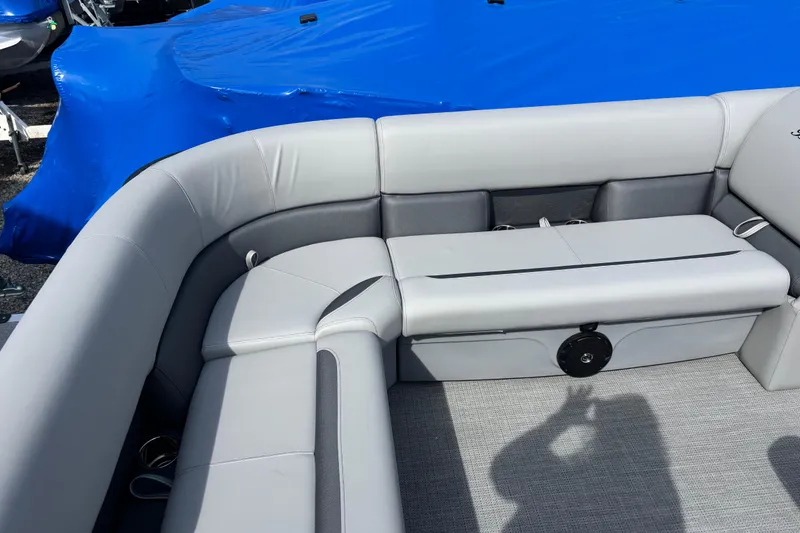 Slide: The Image of 2026 Bentley Pontoons Legacy 220 Cruise XL interior seating with gray upholstery. - 8