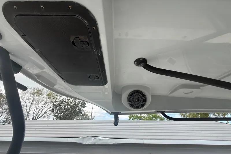 Slide: The Image of Underside view of 2022 Eastward 30 boat with speaker and hatch. - 67
