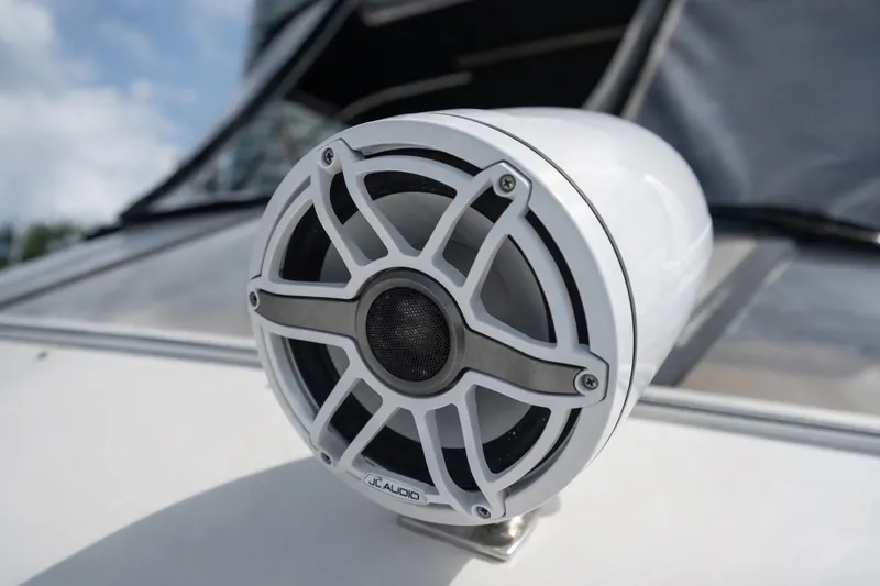 Slide: The Image of Close-up of a JL Audio marine speaker on a 2004 Carver 420 Mariner boat. - 25