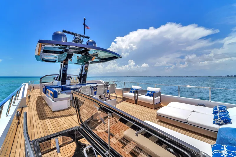 Slide: The Image of Luxurious 2021 OKEAN 80 yacht deck with modern seating and ocean view. - 25