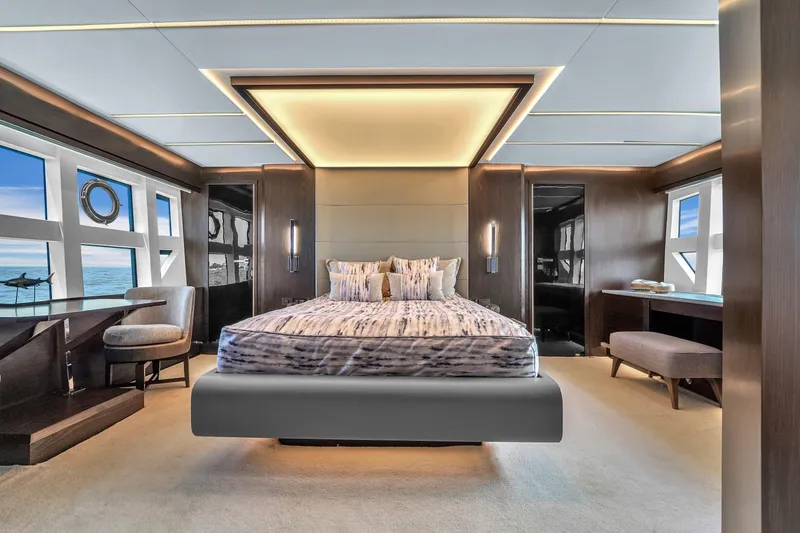 Slide: The Image of Luxurious bedroom interior of 2021 OKEAN 80 yacht with modern design and ocean view. - 36