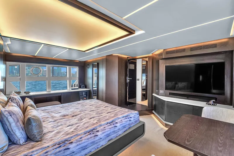 Slide: The Image of Luxurious interior of 2021 OKEAN 80 yacht with modern bedroom and ocean view. - 37