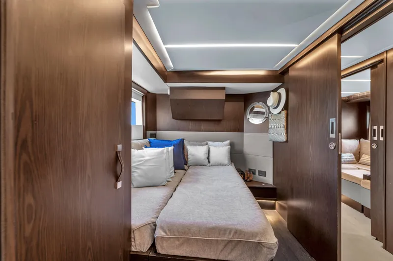 Slide: The Image of Luxurious cabin interior of 2021 OKEAN 80 yacht with modern design and cozy bedding. - 42