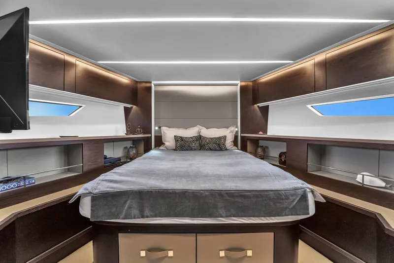 Slide: The Image of Luxurious bedroom interior of 2021 OKEAN 80 yacht with modern design and ambient lighting. - 45