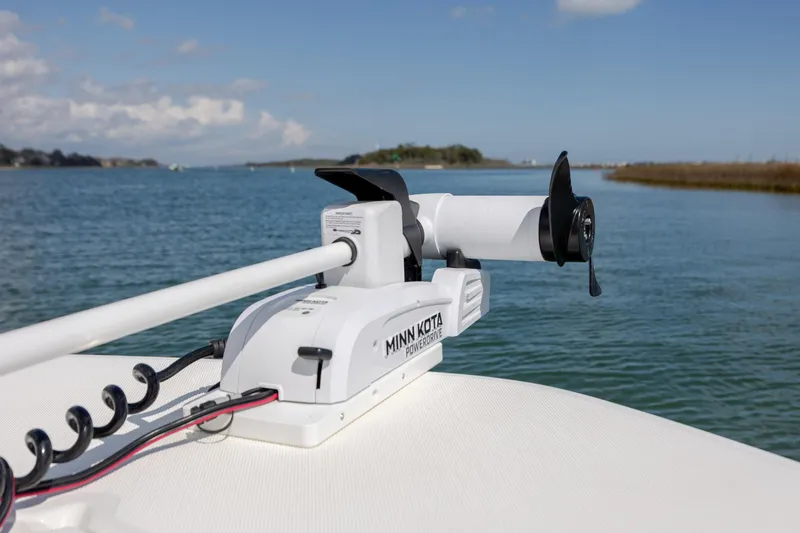 Slide: The Image of Minn Kota PowerDrive motor on 2019 Hurricane SunDeck Sport 201 OB boat, scenic water view. - 17