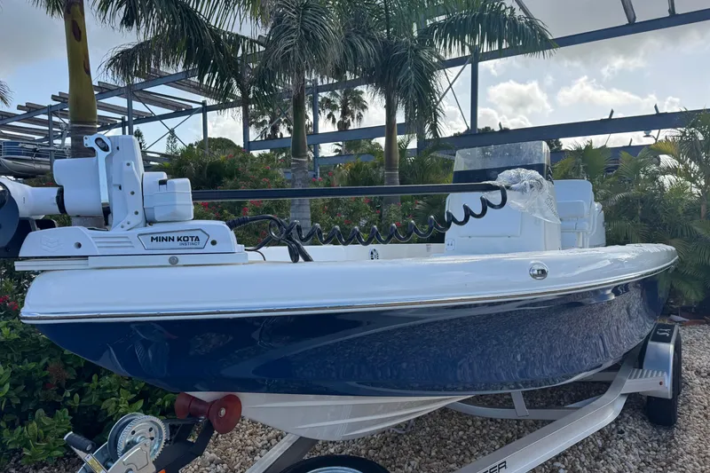 Slide: The Image of 2025 Skeeter SX2350 boat with Minn Kota motor, displayed outdoors with palm trees. - 3