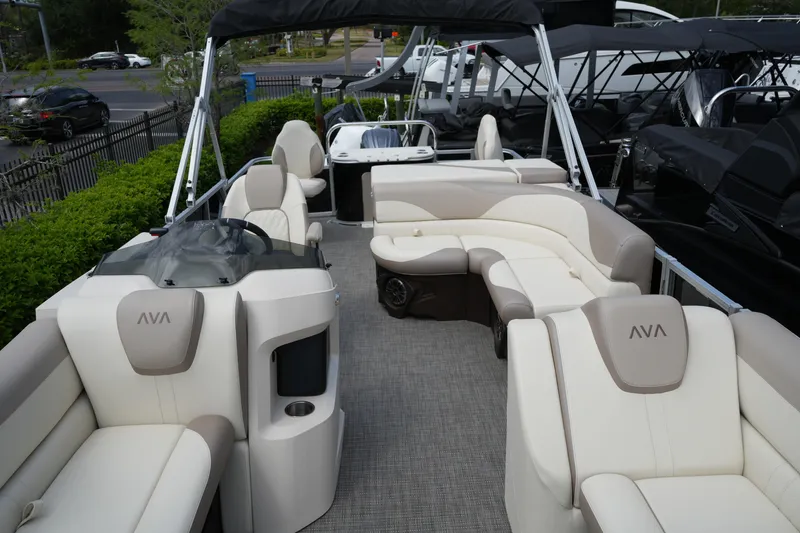 Slide: The Image of 2026 Avalon LSZ Rear Fish 23' pontoon boat with luxurious seating and modern design. - 36