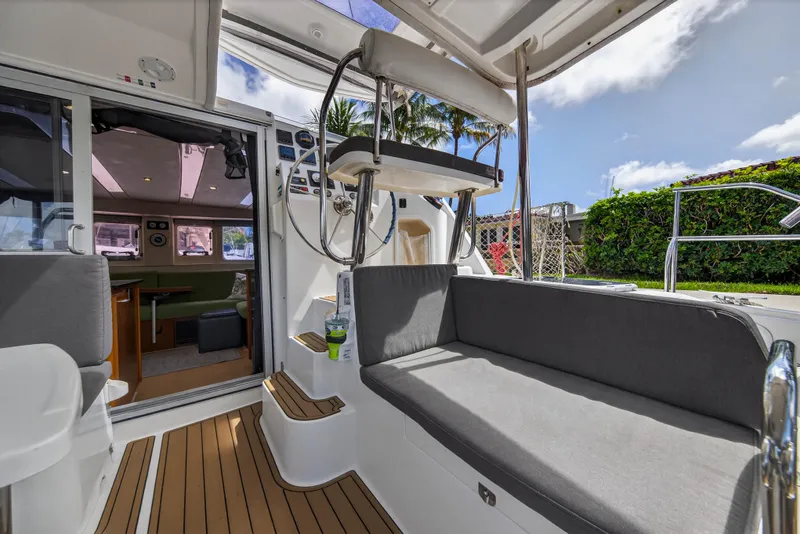 Slide: The Image of Interior view of 2012 Leopard 39 catamaran with seating and helm station. - 10
