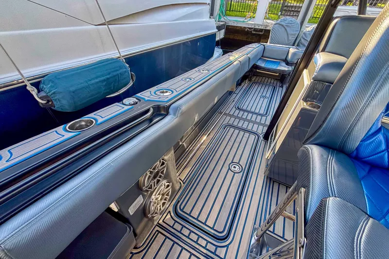 Slide: The Image of 2016 Hydra-Sports 4200 Siesta boat interior with sleek seating and modern design. - 17