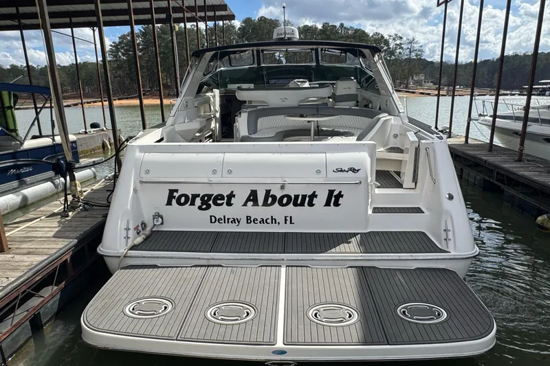 Slide: The Image of 1996 Sea Ray 500 Sedan Bridge yacht docked, named "Forget About It," Delray Beach, FL. - 5