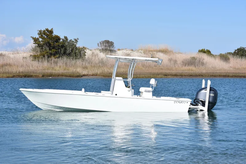 Slide: The Image of 2023 Dorado 25 boat on calm water with scenic grassy shoreline. - 5