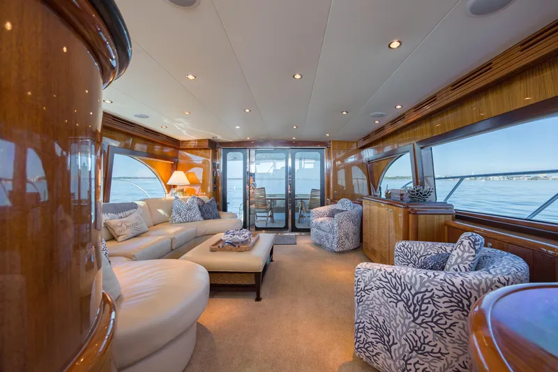 Slide: The Image of Luxurious interior of 2007 Hatteras 64 Motor Yacht with elegant seating and panoramic windows. - 28