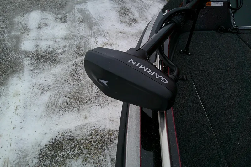 Slide: The Image of 2026 Ranger 620xFS Pro boat with Garmin trolling motor on snowy ground. - 12