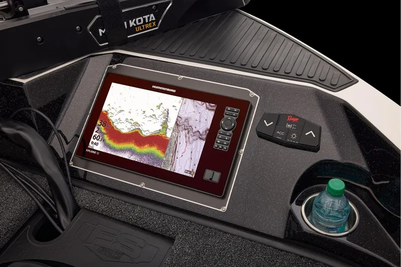Slide: The Image of Manufacturer Provided Image: 2026 Ranger 620xFS Pro boat dashboard with Humminbird fish finder and Minn Kota Ultrex controls. - 36